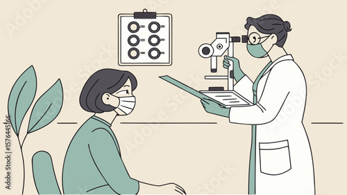 Eye exam and vision test for patient with optometrist during pandemic for eye health and vision care
