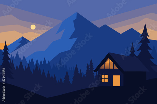 cabin in the woods with mountain backdrop at dusk