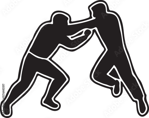 Two wrestlers silhouette wrestling fight black and white sports activity competition vector