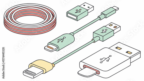 Usb cable types illustration for charging and data transfer needs with various connector types and coiled cable