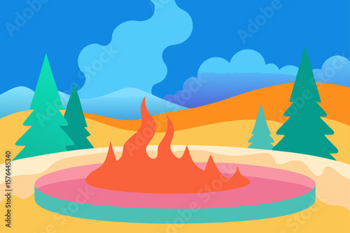 colorful hot spring steam in winter forest landsca
