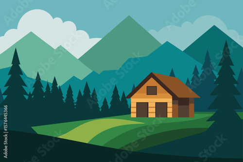 cottage nestled in forest clearing with mountain