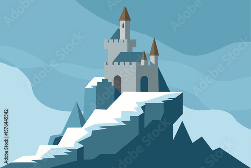 fantasy castle built into snowy cliffside