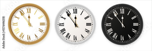 White and black gold wall office clock icon set. Design template closeup in vector. Mockup for branding and advertising isolated on white background.