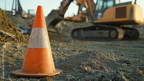 Close-up of an orange traffic cone in a construction site with an excavator in the background.