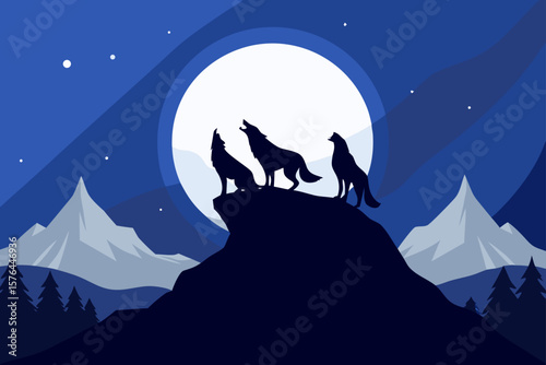 wolves howling at mountain moonrise