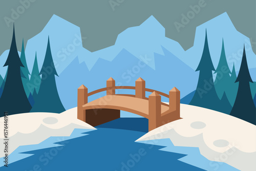 small wooden bridge in snowy woods near cliff