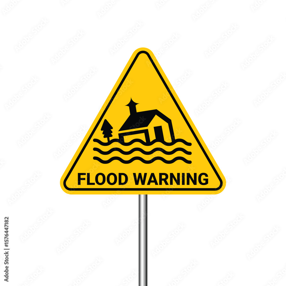 Obraz premium Flood Alert Vector sign bord design for road side Extreme Weather Warning Sign, Floodwaters, Inundation, and Emergency Hazard Illustration