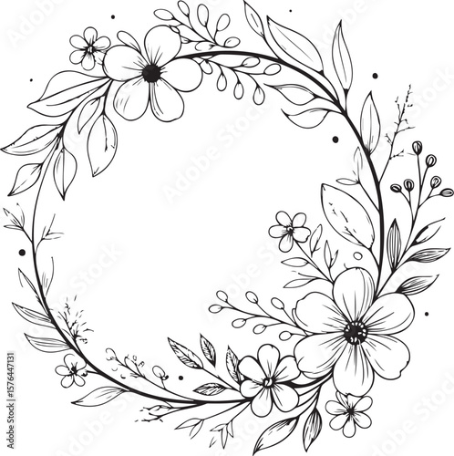 Floral wreath Vector Illustration, Sketch Drawing Line Linear Symbol Icon Engraving Coloring Book, Hand-drawn Black and White Isolated