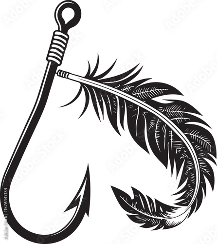Fishing hook with feather Vector Illustration, Sketch Drawing Line Linear Symbol Icon Engraving Coloring Book, Hand-drawn Black and White Isolated