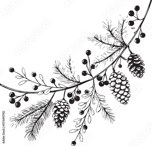 Christmas garland Vector Illustration, Sketch Drawing Line Linear Symbol Icon Engraving Coloring Book, Hand-drawn Black and White Isolated