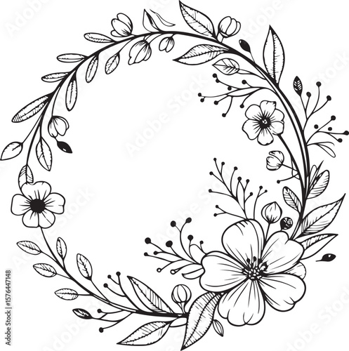Floral wreath Vector Illustration, Sketch Drawing Line Linear Symbol Icon Engraving Coloring Book, Hand-drawn Black and White Isolated