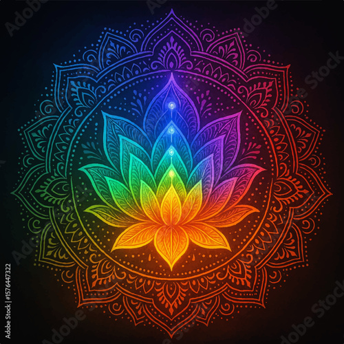 Colorful rainbow chakra mandala features a glowing lotus flower, perfect for meditation, yoga, and spiritual themes.