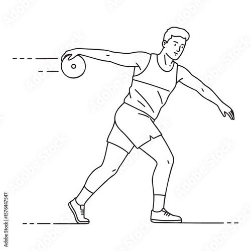 Teenager in athletic gear, focused mood, throwing a discus, linear illustration 