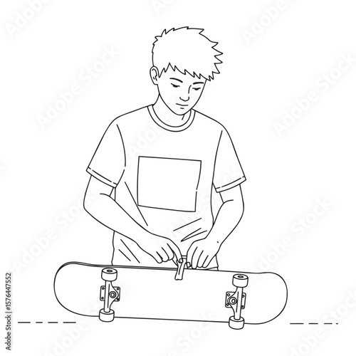 Teenager in t-shirt, focused mood, repairing skateboard, line drawing 