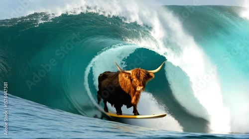 Highland cow surfing on a wave in ocean waters  