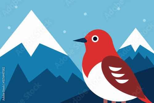 winter bird perched with snowy mountains blurred
