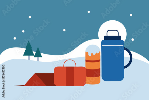 winter picnic scene with thermos and blanket