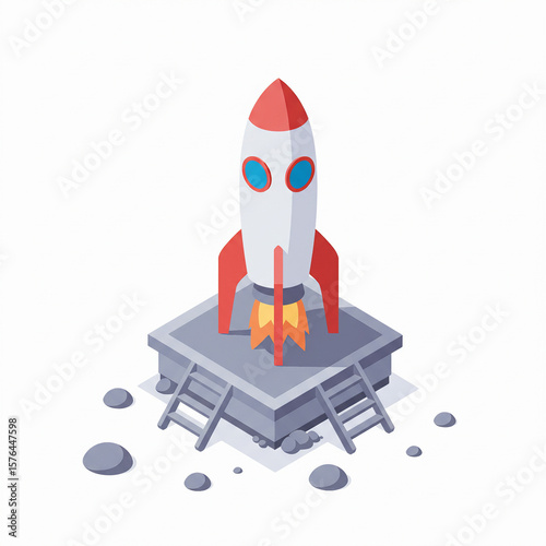 An isometric illustration of a rocket on a small launchpad platform.