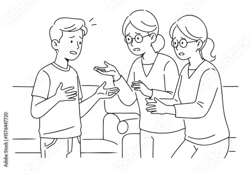 Child in casual clothes, anxious mood, explaining to concerned parents, line drawing 