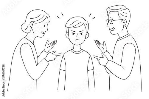Teenager in casual clothes, worried mood, listening to parents' complaints,