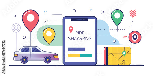 Ride-Sharing App Interface Concept – Vector with Phone and Car Location Pin

