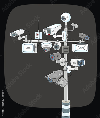 Surveillance cameras on a street are watching closely and spying on everyone anywhere and always, vector cartoon illustration