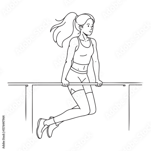 Teenage girl in activewear, focused mood, performing dips on parallel bars, line art illustration