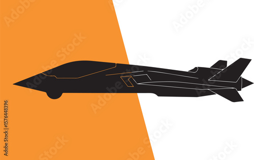 Modern stealth fighter jet silhouette vector illustration on a contrasting orange and white background