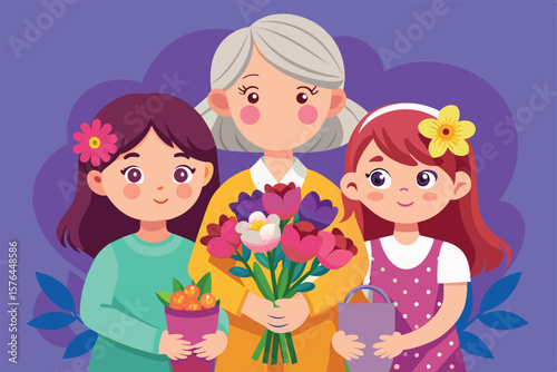 Illustration of a grandmother surrounded by her two granddaughters, each holding gifts and flowers, depicting affection and family bonding.