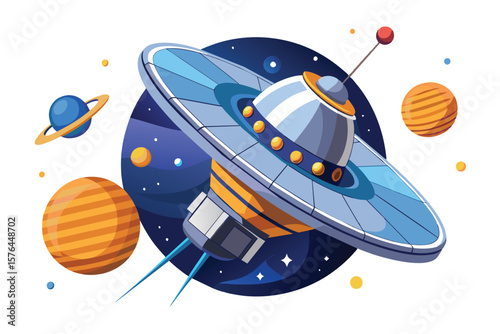 Illustration of a futuristic spaceship navigating through a vibrant cosmic backdrop with planets and stars. Perfect for themes of space exploration, sci fi, and adventure.