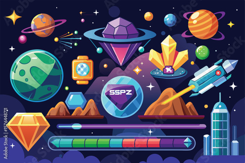 Explore a playful cosmic scene featuring planets, rockets, and vibrant cosmic elements. Perfect for gaming or sci fi themes, this illustration captures an imaginative space adventure.