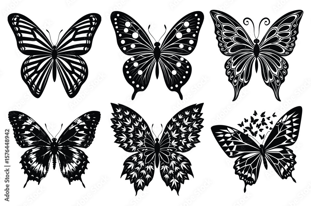 Fototapeta premium Tribal Butterfly Vector Silhouette with Stylized Flame Pattern Wings