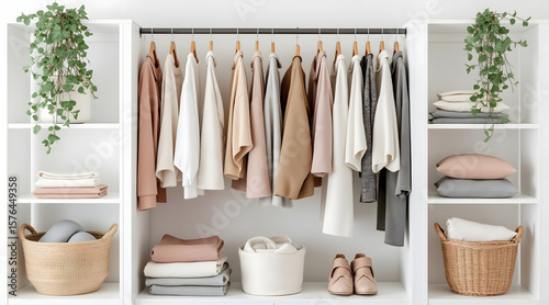 Scandinavian style open wardrobe with color coordinated beige and gray clothes, cozy shoes, pillows, and plants creating calm and organized space