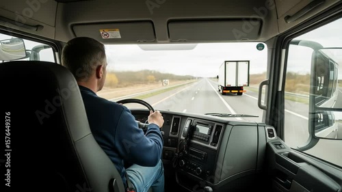 Man drives large transport lorry on Highway during afternoon. Interior view from cabin shows route and driving. Sunny Day