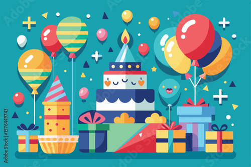 Vibrant illustration of a festive birthday scene with balloons, a cake, and wrapped gifts, conveying joy and celebration. Perfect for party invitations or festive