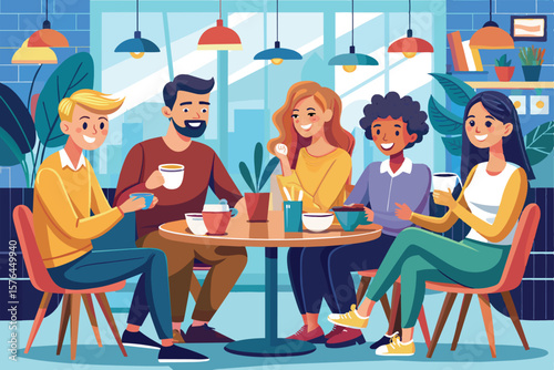 Illustration of a diverse group of friends enjoying coffee and conversation in a cozy cafe setting, symbolizing friendship, relaxation, and diverse community gathering.