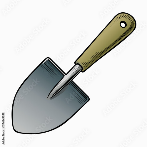 minimalist garden trowel line art icon on white background symbolizing spring planting, growth, and gardening care
