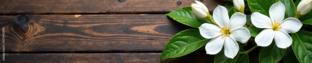 Fototapeta premium Fragrant jasmine blossoms in a rustic wooden corner arrangement , wood, tranquil, vintage