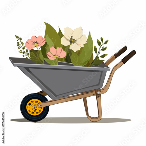 stylized wheelbarrow filled with blooms icon in flat design symbolizing spring gardening, growth, and vibrant renewal