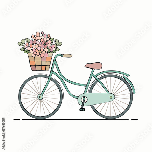 stylized bicycle with basket of flowers icon in flat design symbolizing carefree summer rides and blossoming nature