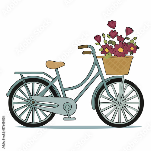 stylized bicycle with flower basket icon in flat design symbolizing carefree summer rides and blossoming nature