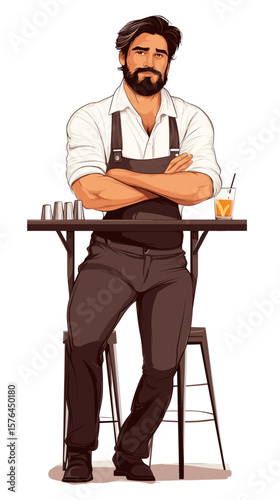 Confident bartender leaning against bar counter with drink in hand  