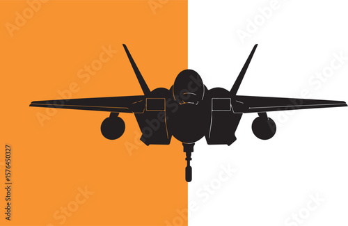 Black silhouette of a modern fighter jet against orange and white background