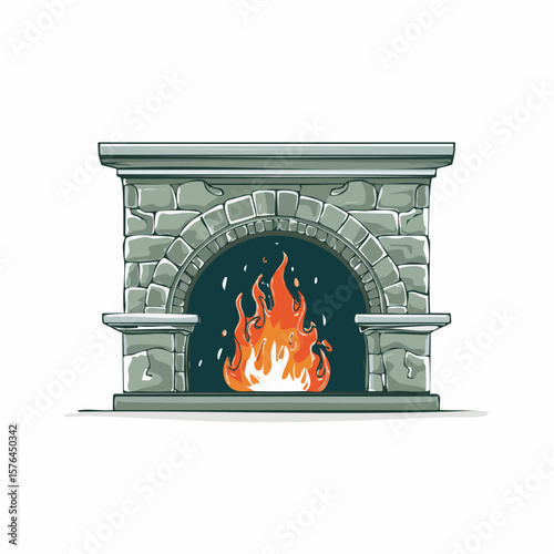 stylized stone fireplace icon in flat design representing cozy winter warmth, rustic charm, and seasonal comfort