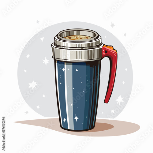 stylized thermal travel mug icon in flat design symbolizing winter warmth, cozy moments, and seasonal sips on the go