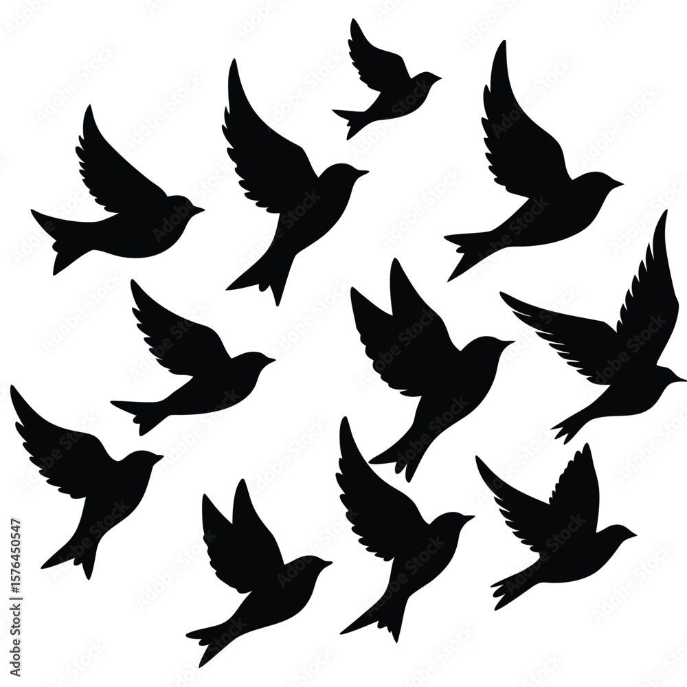 Fototapeta premium A flock of birds flying in formation against a white background silhouette