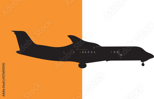 Black silhouette of a business jet against a bright orange and white background