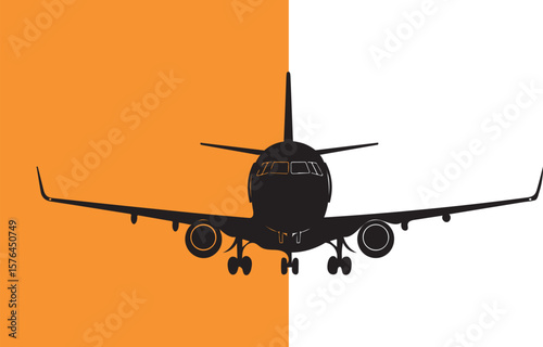 Silhouette of a passenger airplane against a two-toned orange and white background
