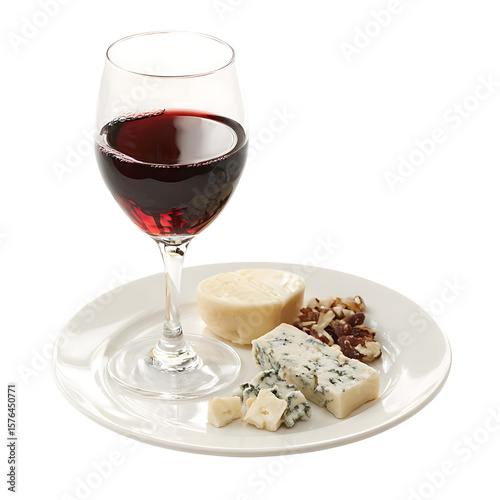 A glass of red wine and cheese on a plate.